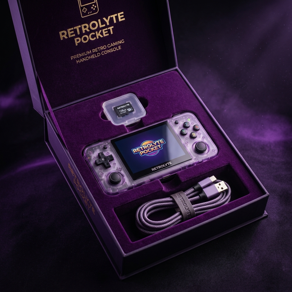 R36H premium packaging showing console, USB-C cable, and microSD card in elegant gift box