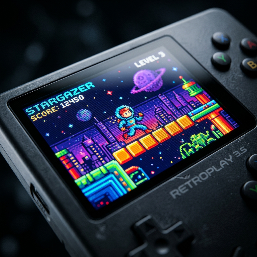 Close-up of R36H 3.5 inch IPS display showing vivid pixel art game with sharp colors