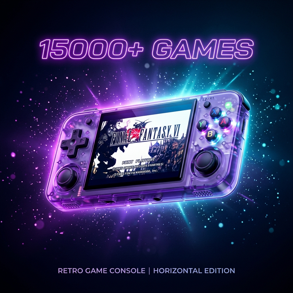 R36H Handheld Console with 15000+ retro games, transparent purple design, vivid IPS display