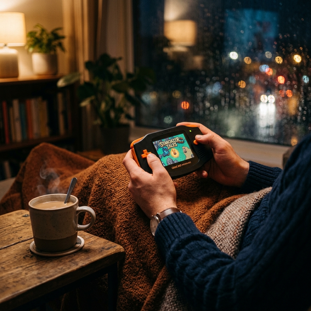 Person playing retro games on R36H handheld console in cozy evening setting with warm lights