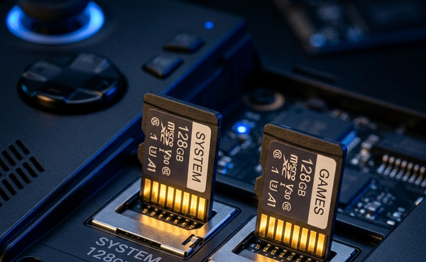 Illustration of two microSD cards labelled System and Games in a handheld's card slots