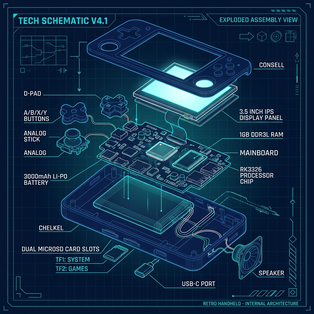 Technical exploded view of R36H internal components: RK3326 processor, DDR3L RAM, IPS display, battery