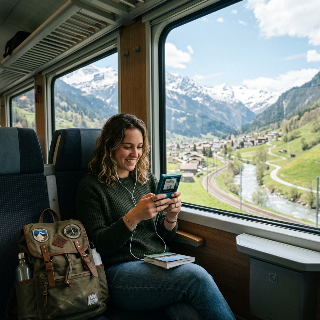 Person playing retro games on handheld console while traveling on train with mountain scenery